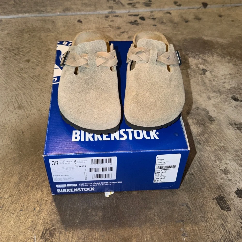 Birkenstock womens Taupe Suede Clogs with Braided Strap - Picture 2 of 5